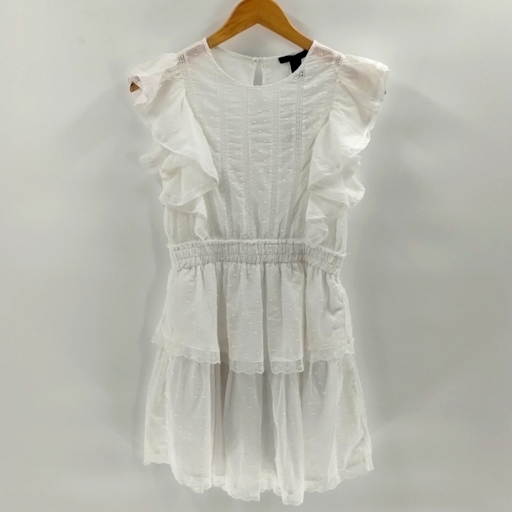 Forever 21 white dress XS swiss dot lace tiered two button back closure ruffles